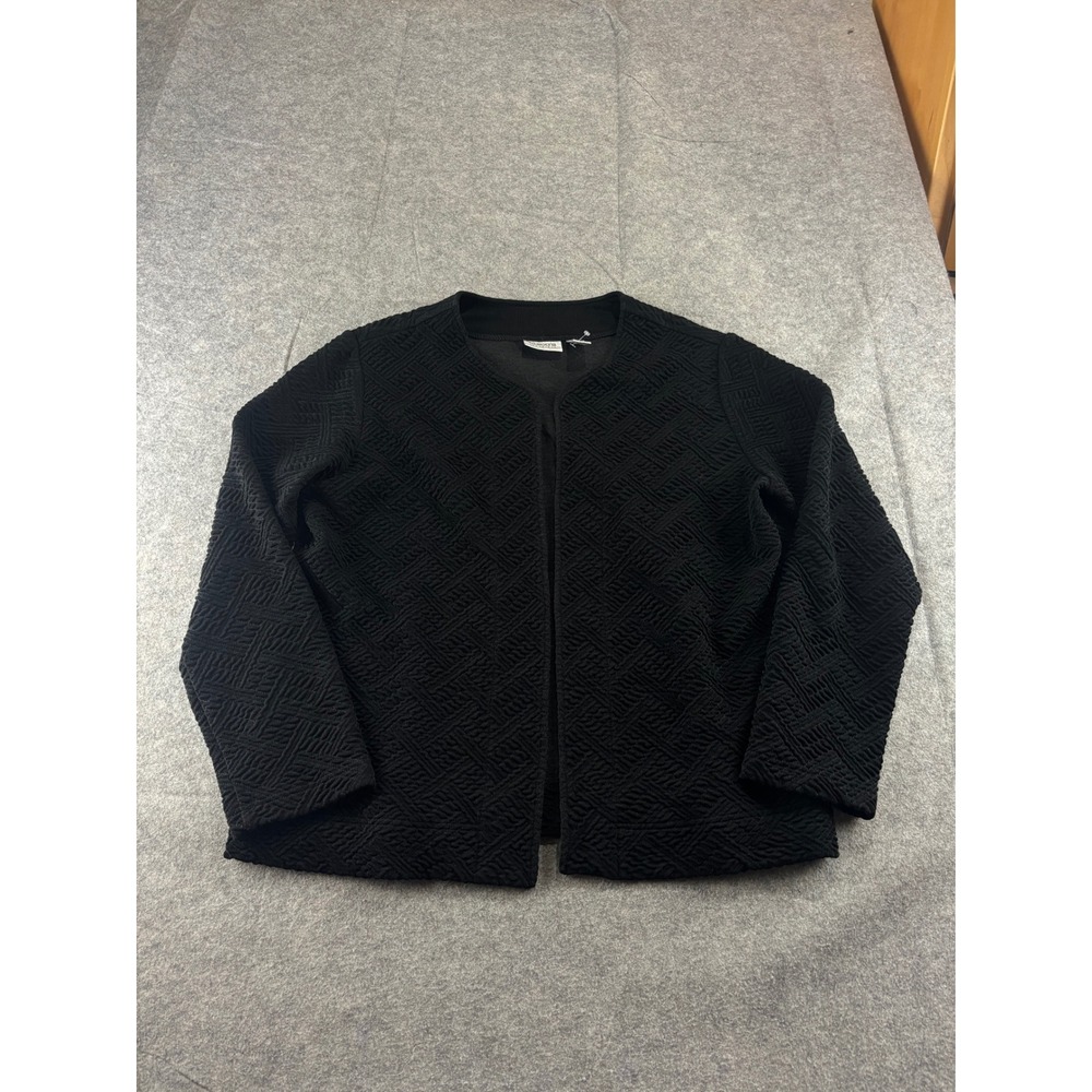 Chicos Travelers Black Textured Geometric Open Front Jacket Size 3 Large XL